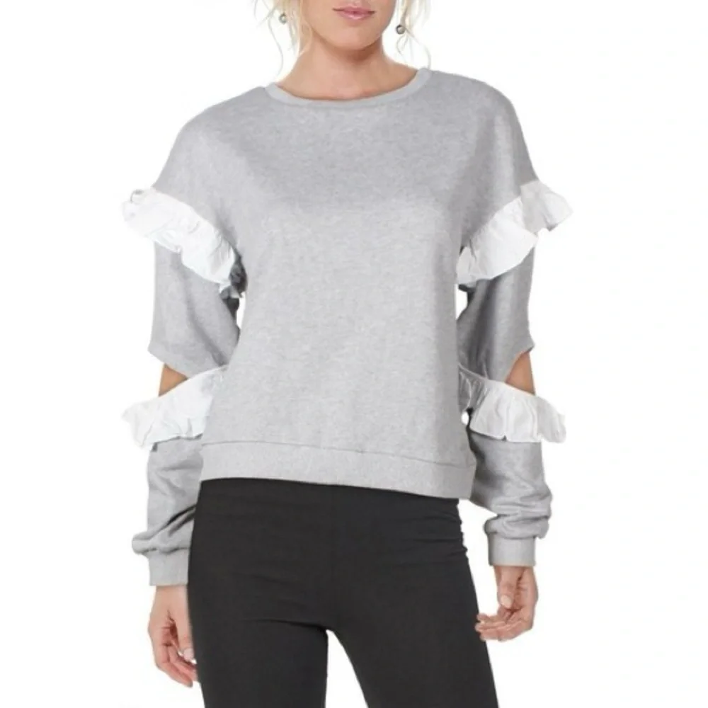 English Factory - Crewneck White Ruffle Open Elbow Grey Lightweight Sweatshirt S - Picture 1 of 9